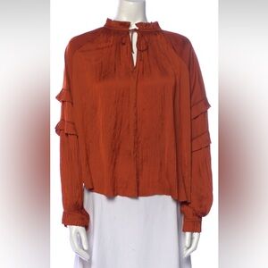 Ulla Johnson Brown Ruffled Blouse with Mandarin Collar